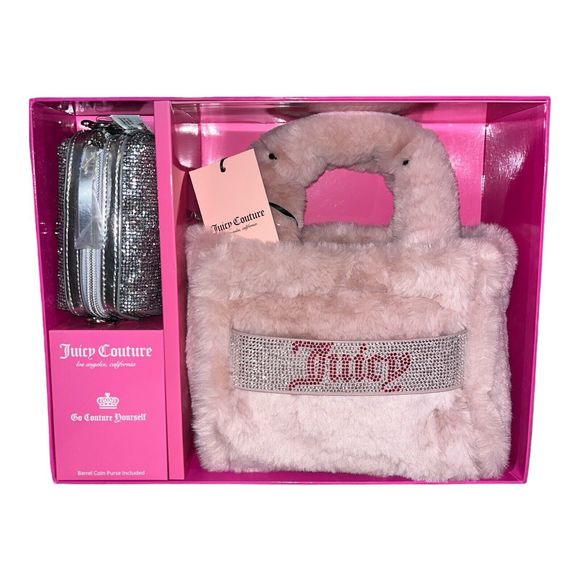 Juicy Couture Handbags - Juicy Couture Free Love Fuzzy Fluffy Mini Tote Light Pink Coin Purse Gift Set